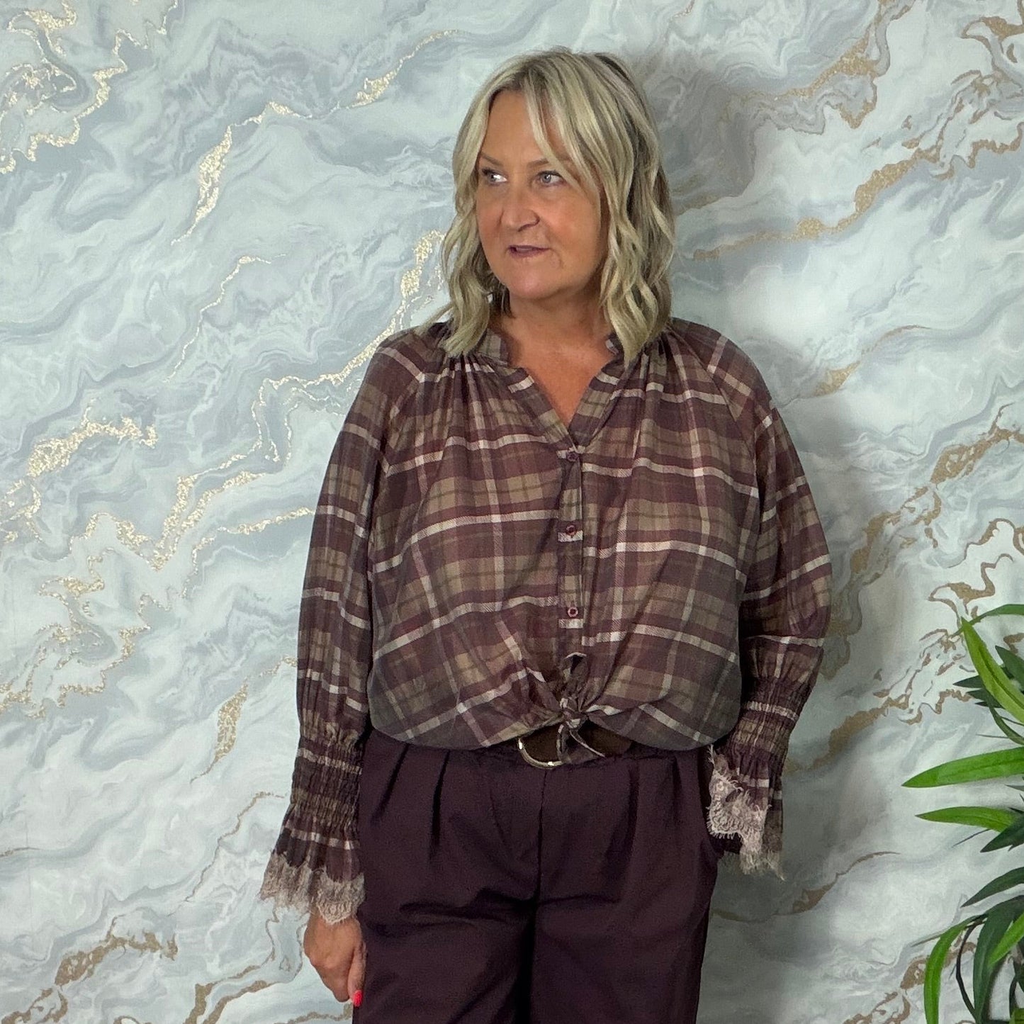 Chequered frill blouse