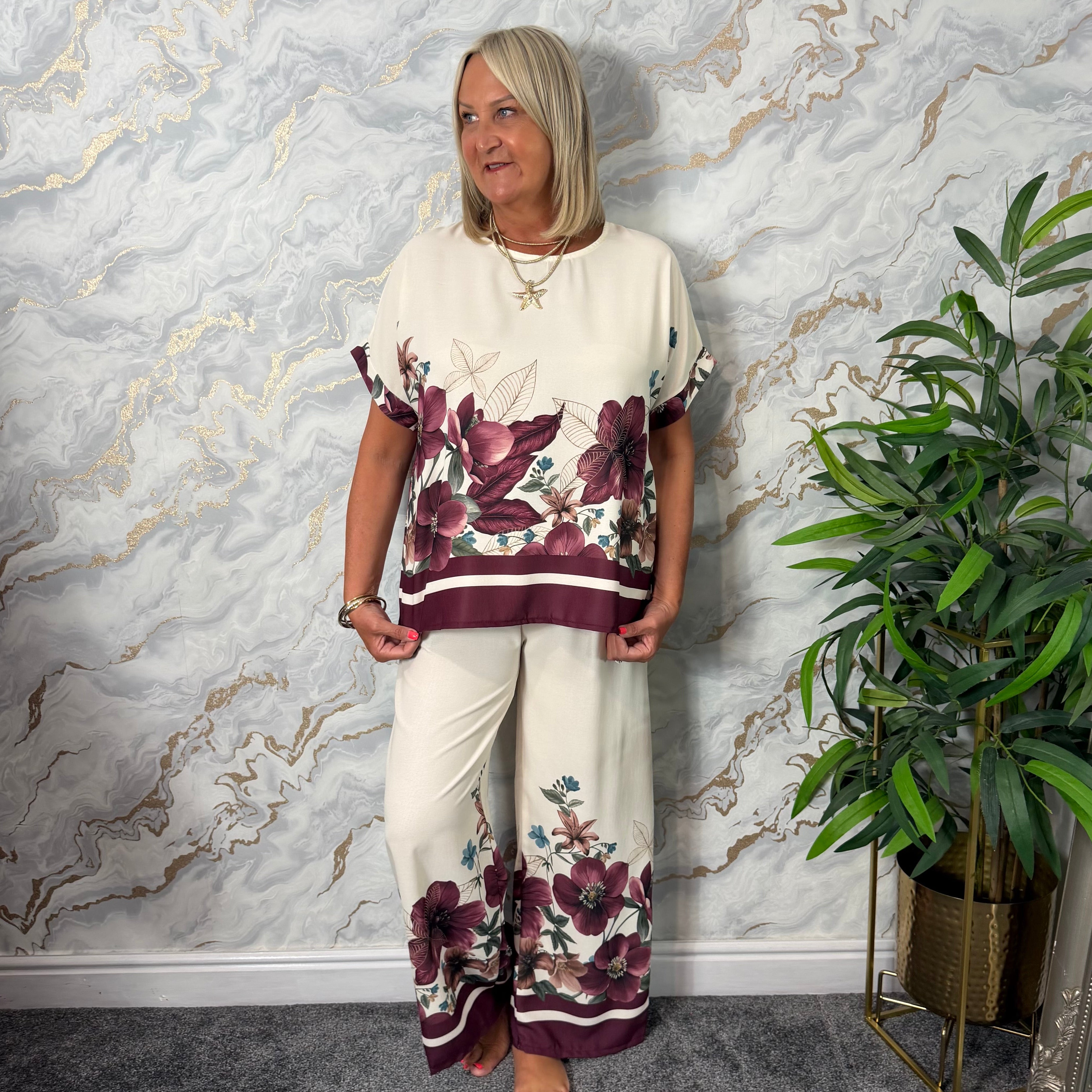 Cream and wine floral suit