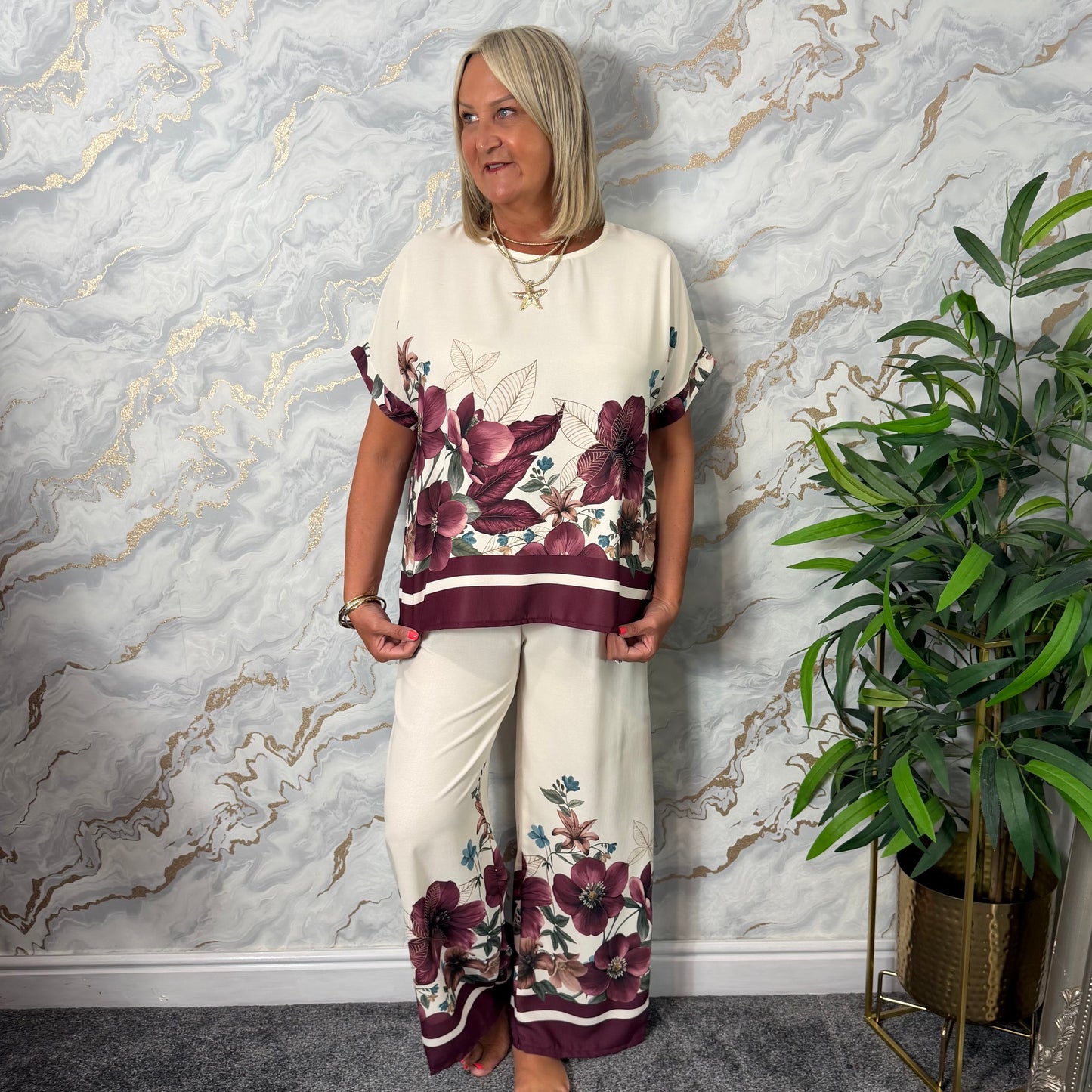 Cream and wine floral suit