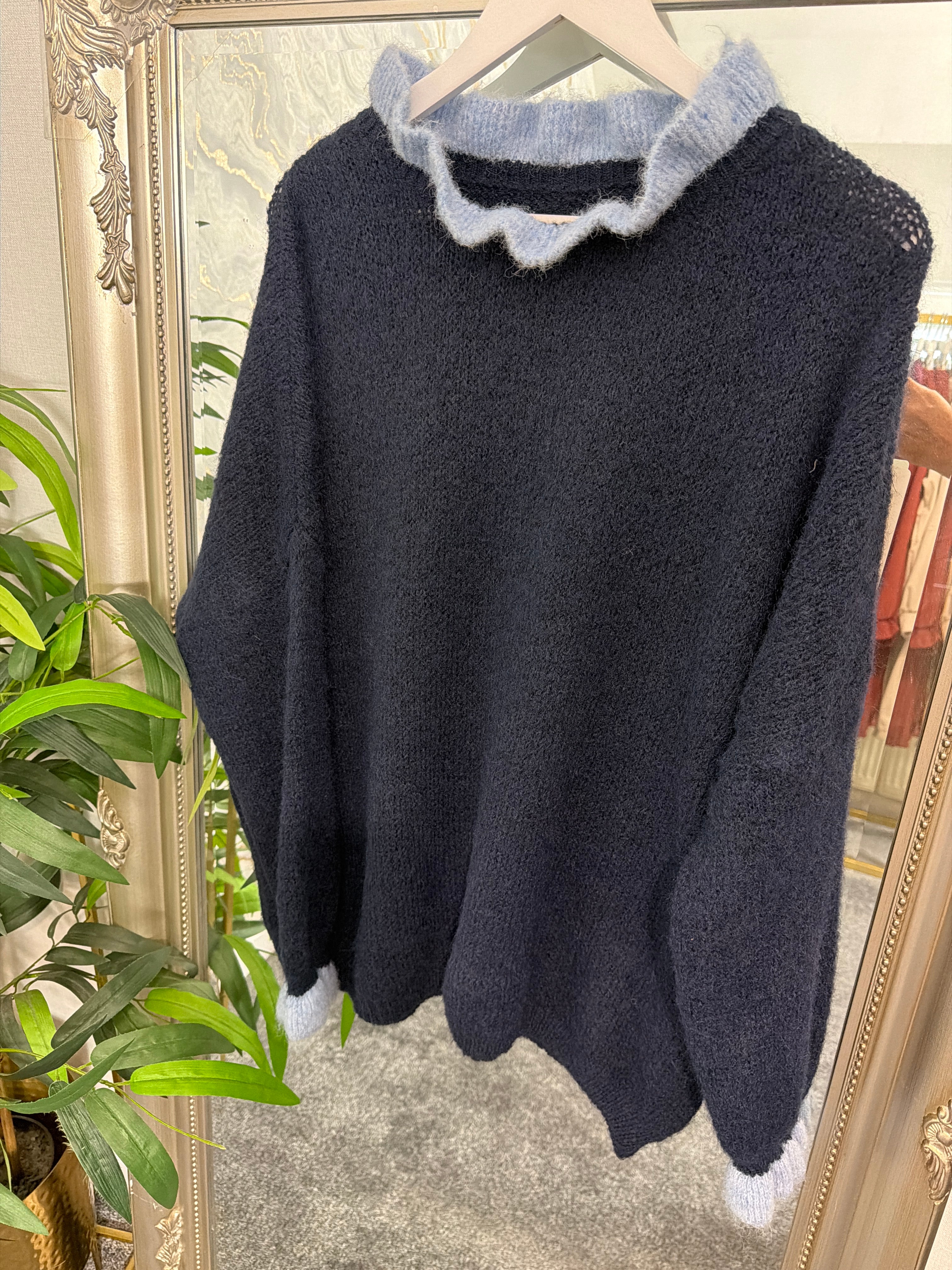 Navy frill neck jumper