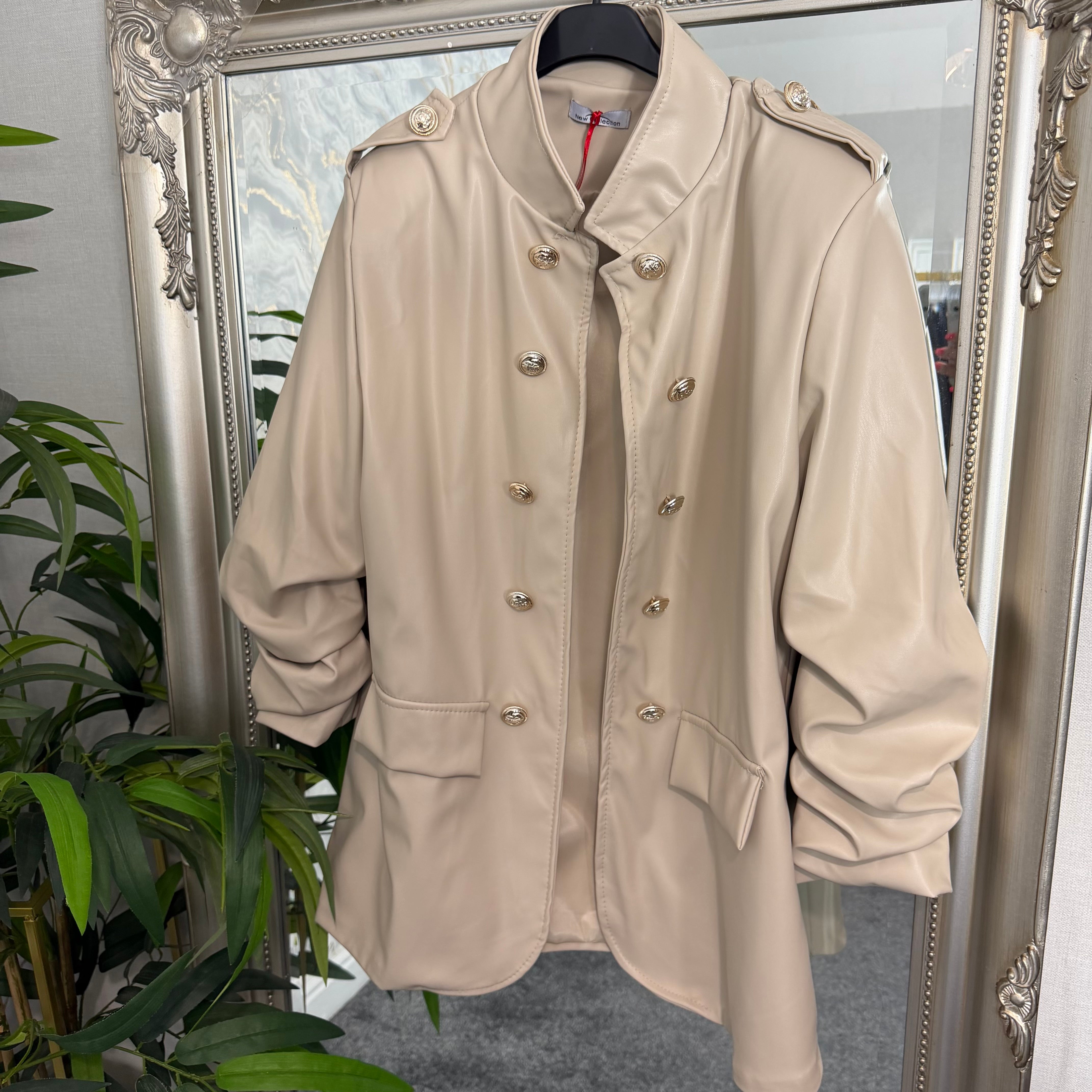 Pu ruched sleeve military blazer