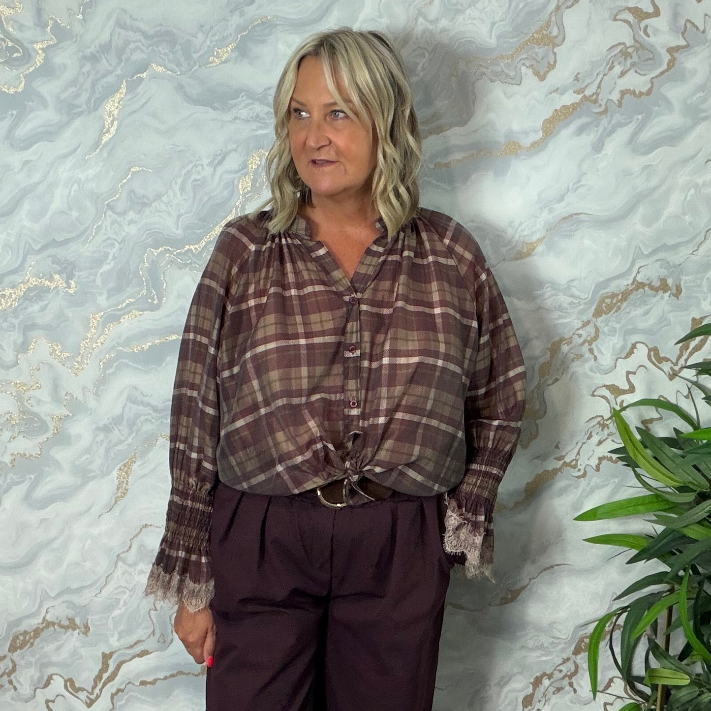 Chequered frill blouse