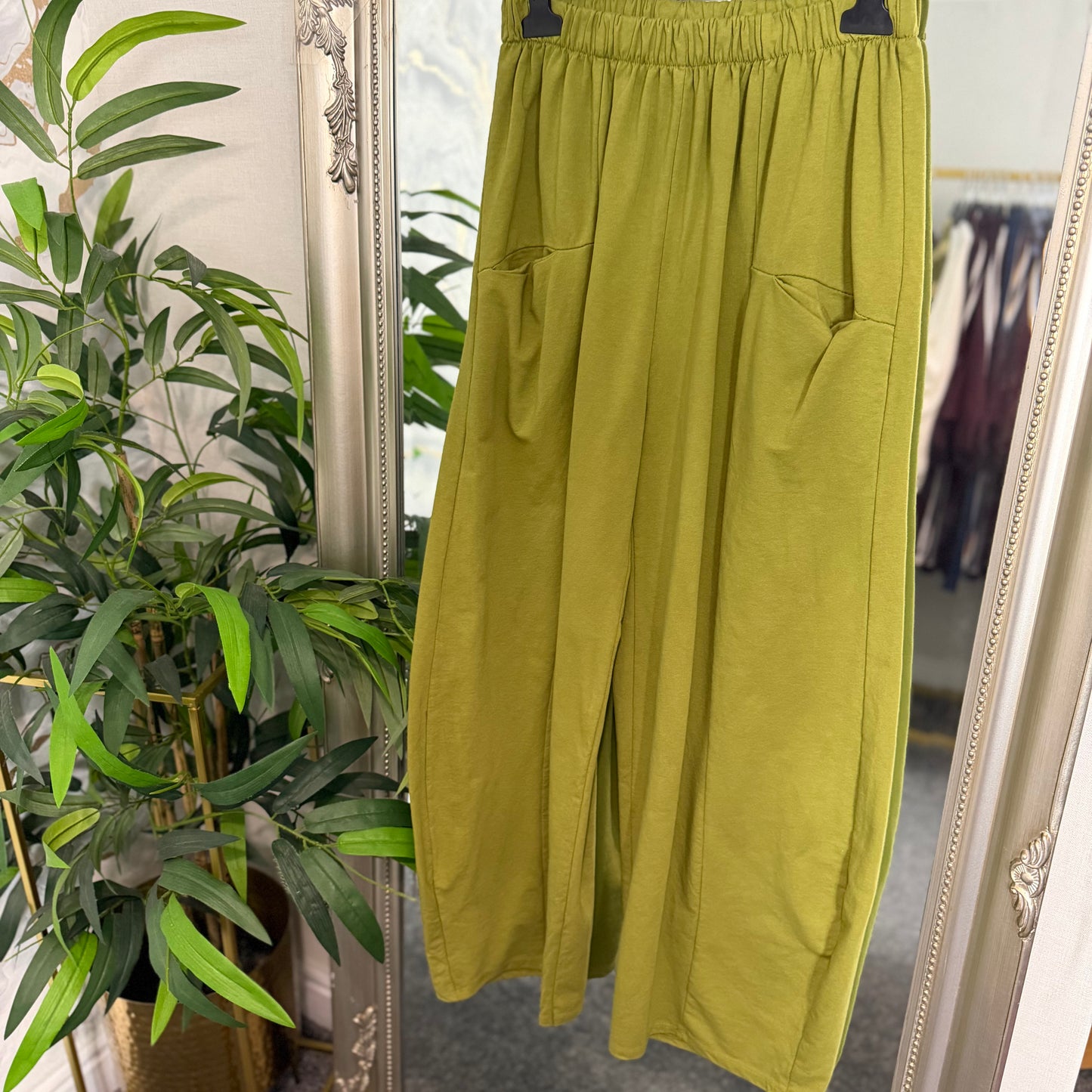 Green wide leg jersey trousers