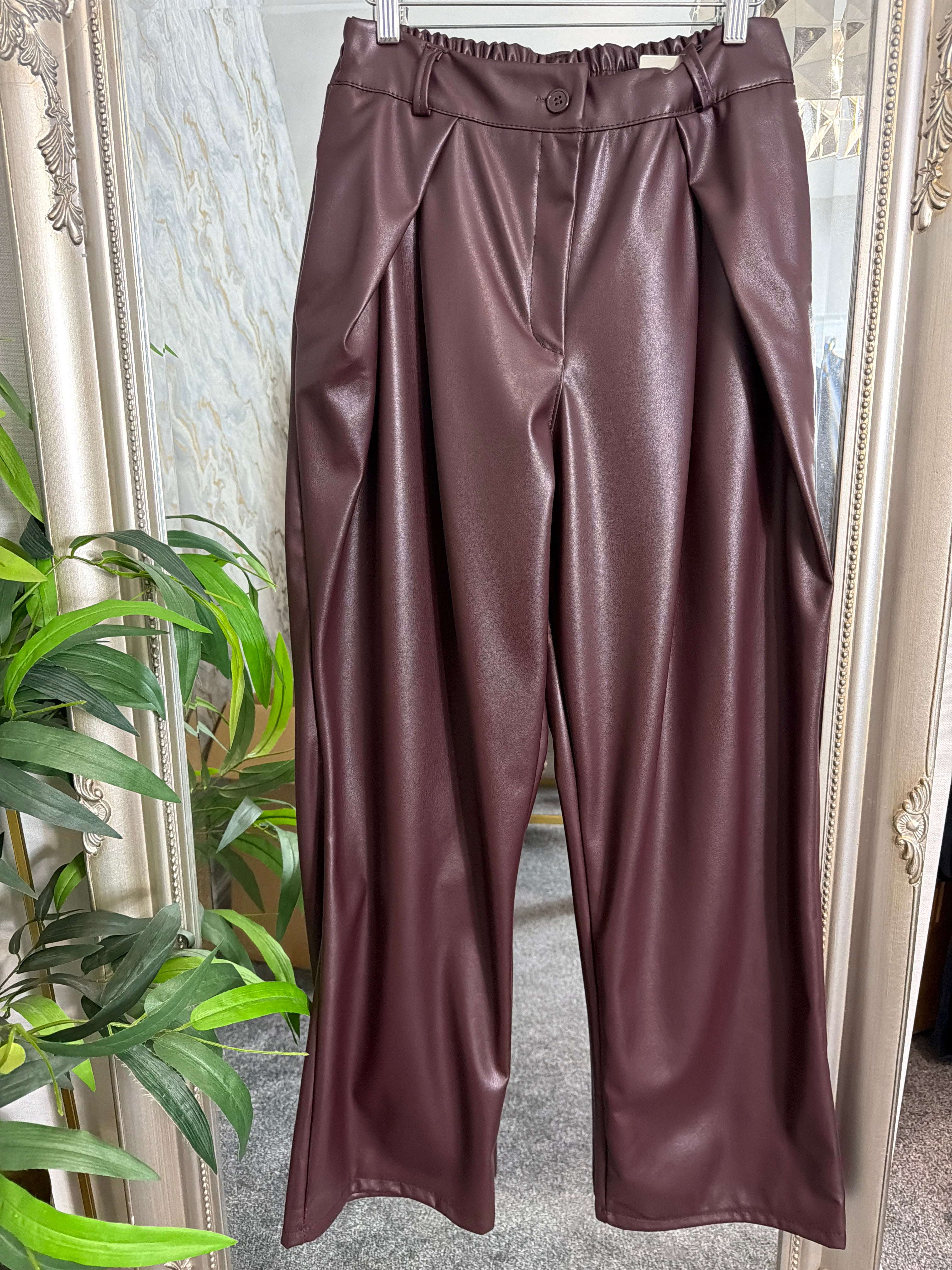 Ox blood PU wide leg trousers