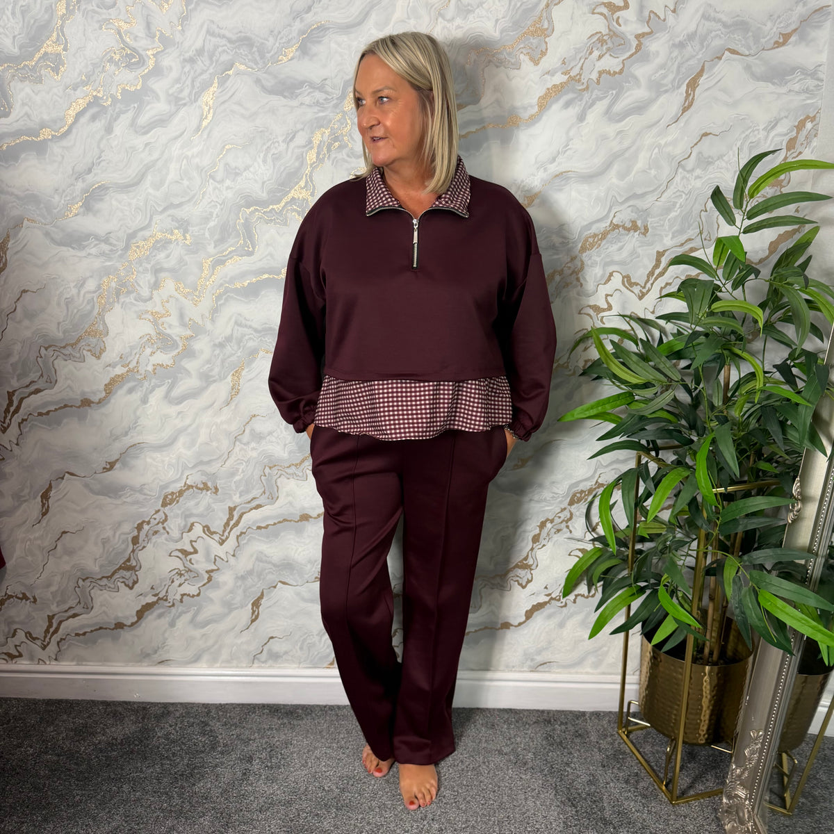 Half zip gingham frill jumper