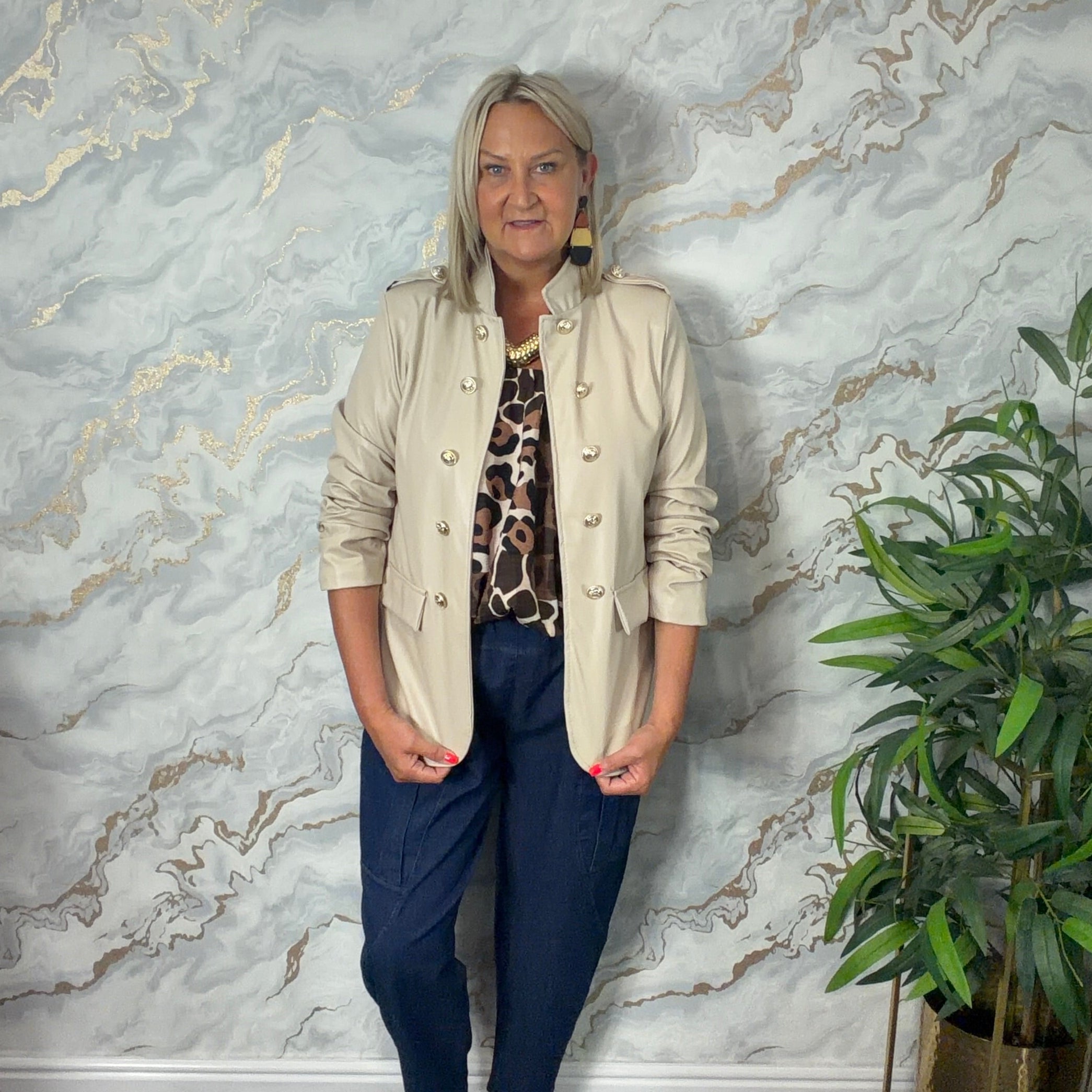 Pu ruched sleeve military blazer