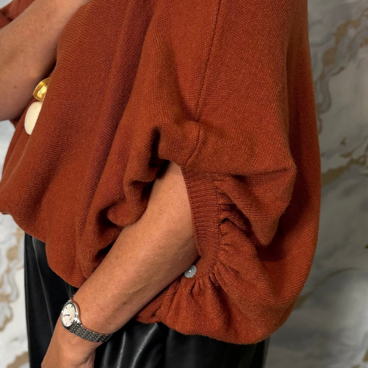 Ruched button sleeve batwing jumper