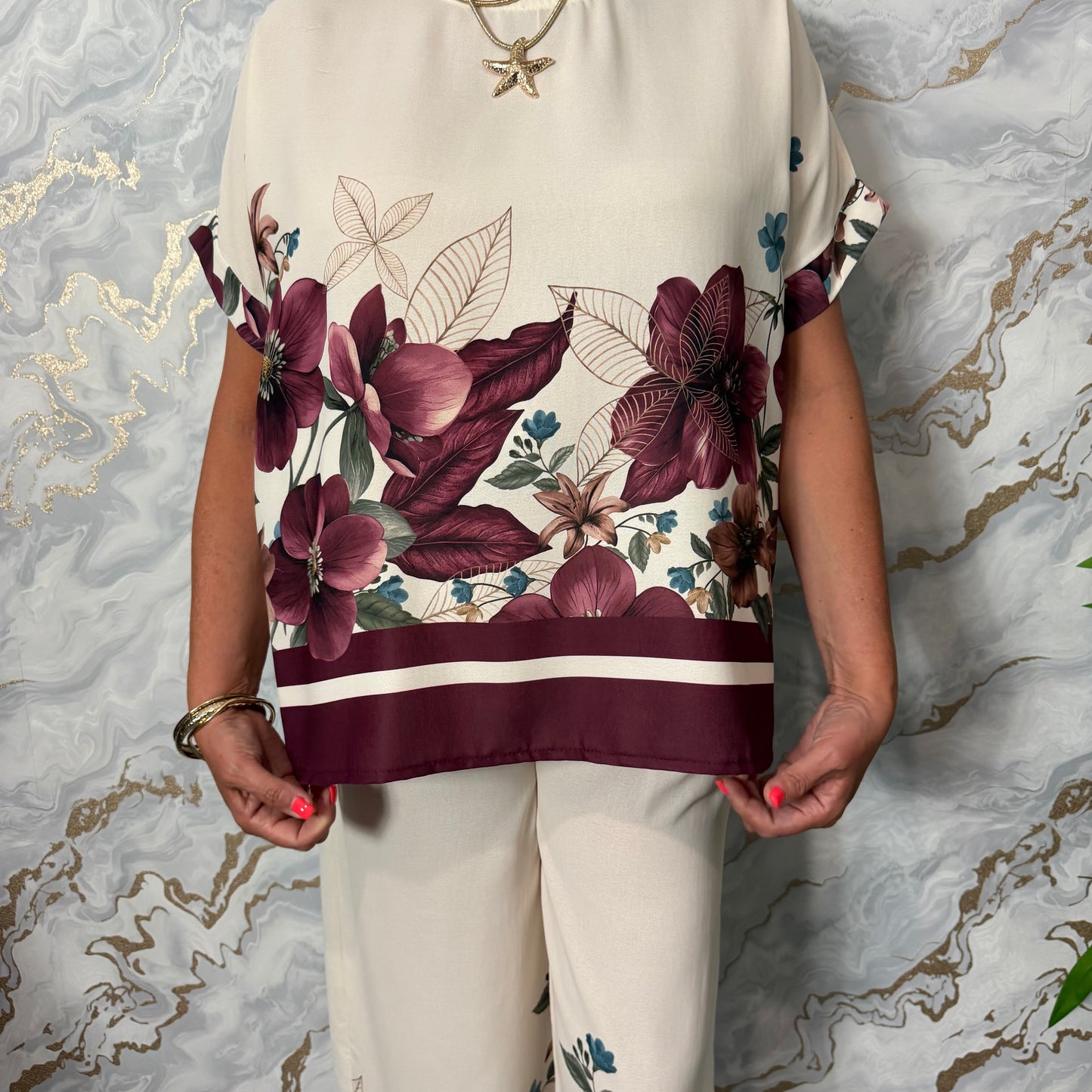 Cream and wine floral suit
