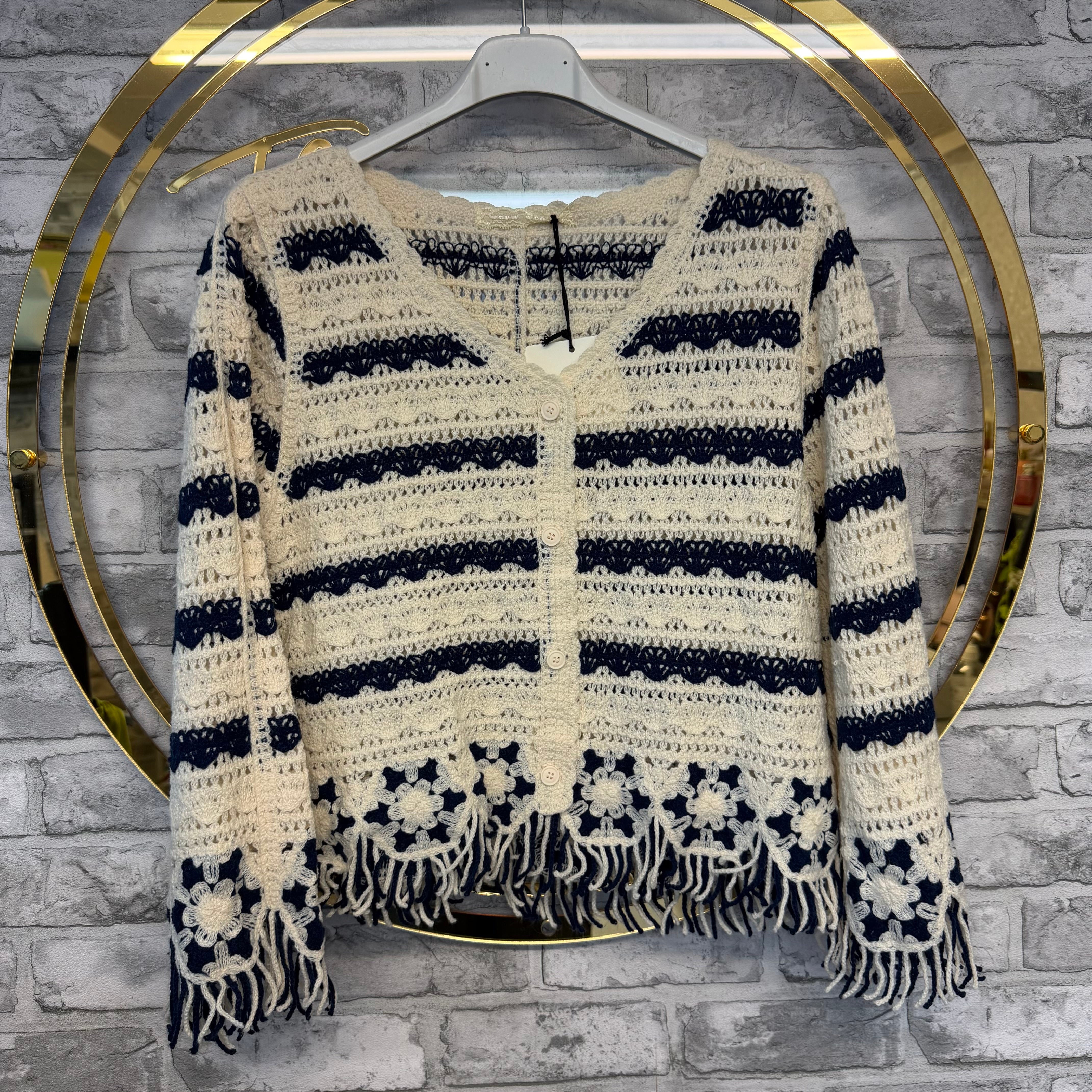 Navy and cream tassle cardigan