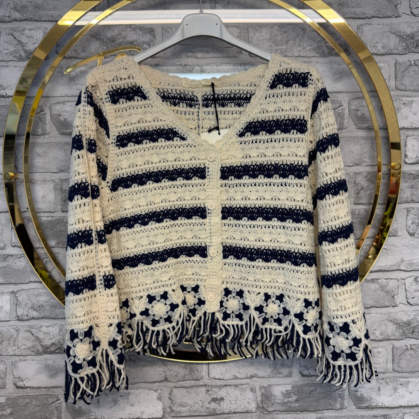 Navy and cream tassle cardigan