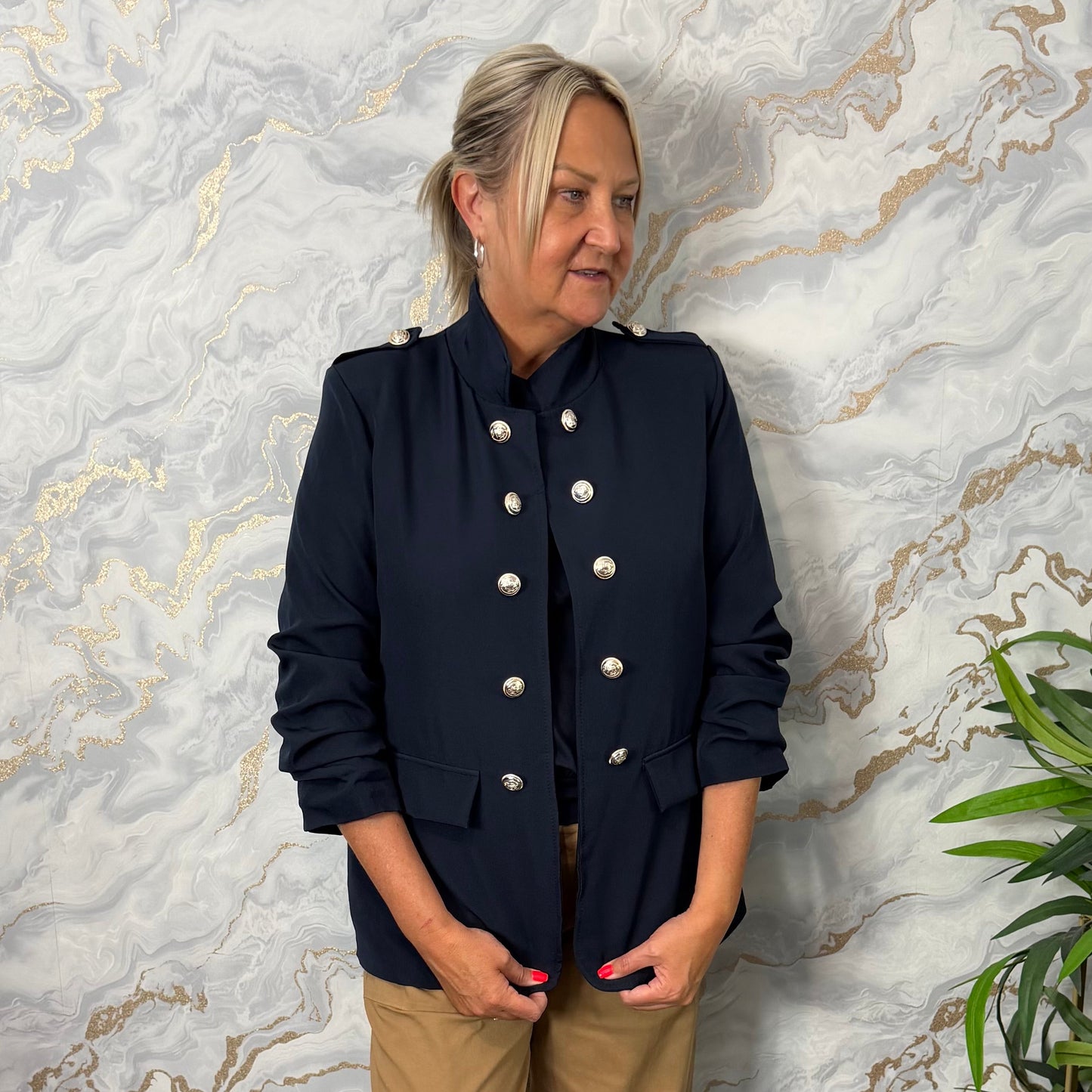 Ruched sleeve military jacket