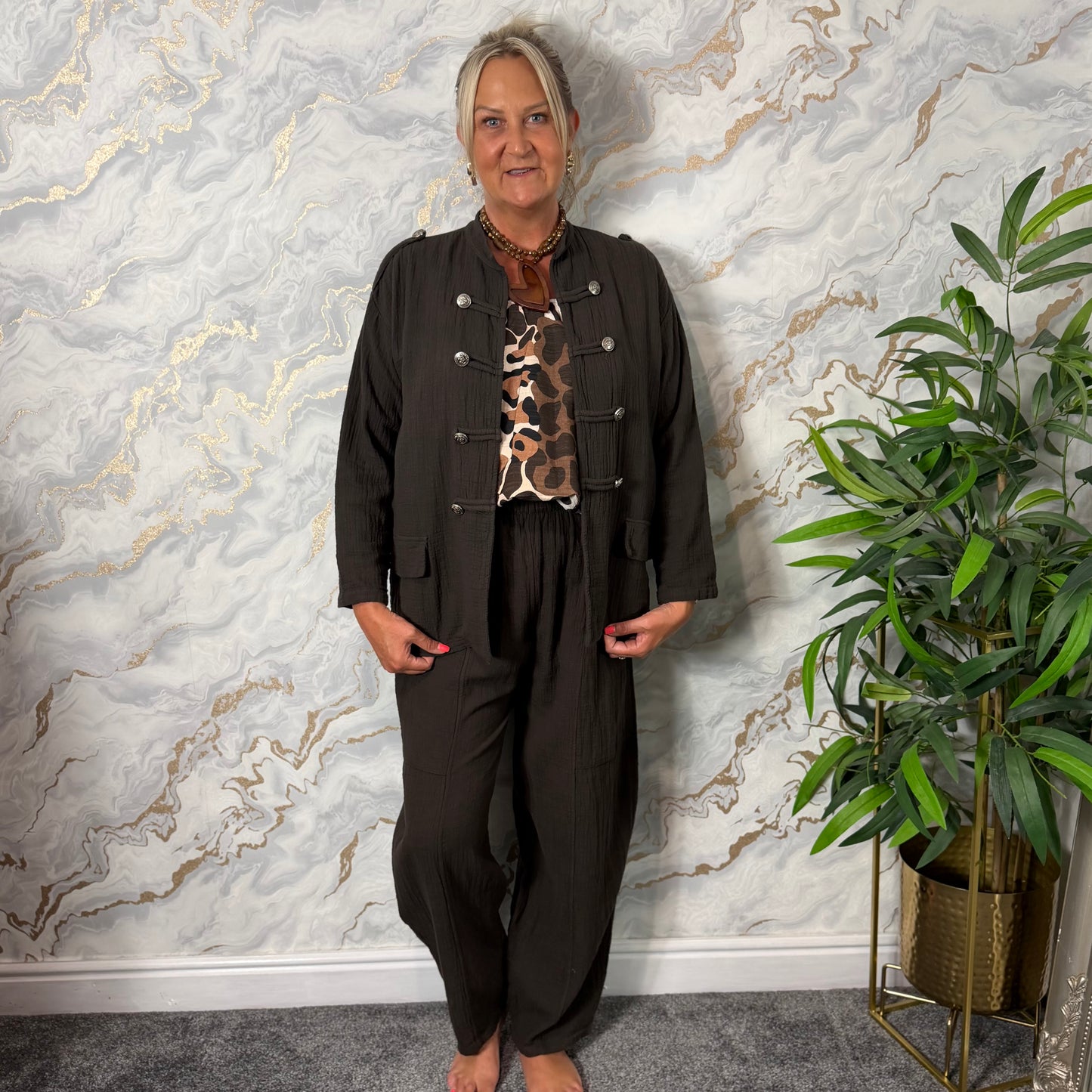 Brown military textured suit