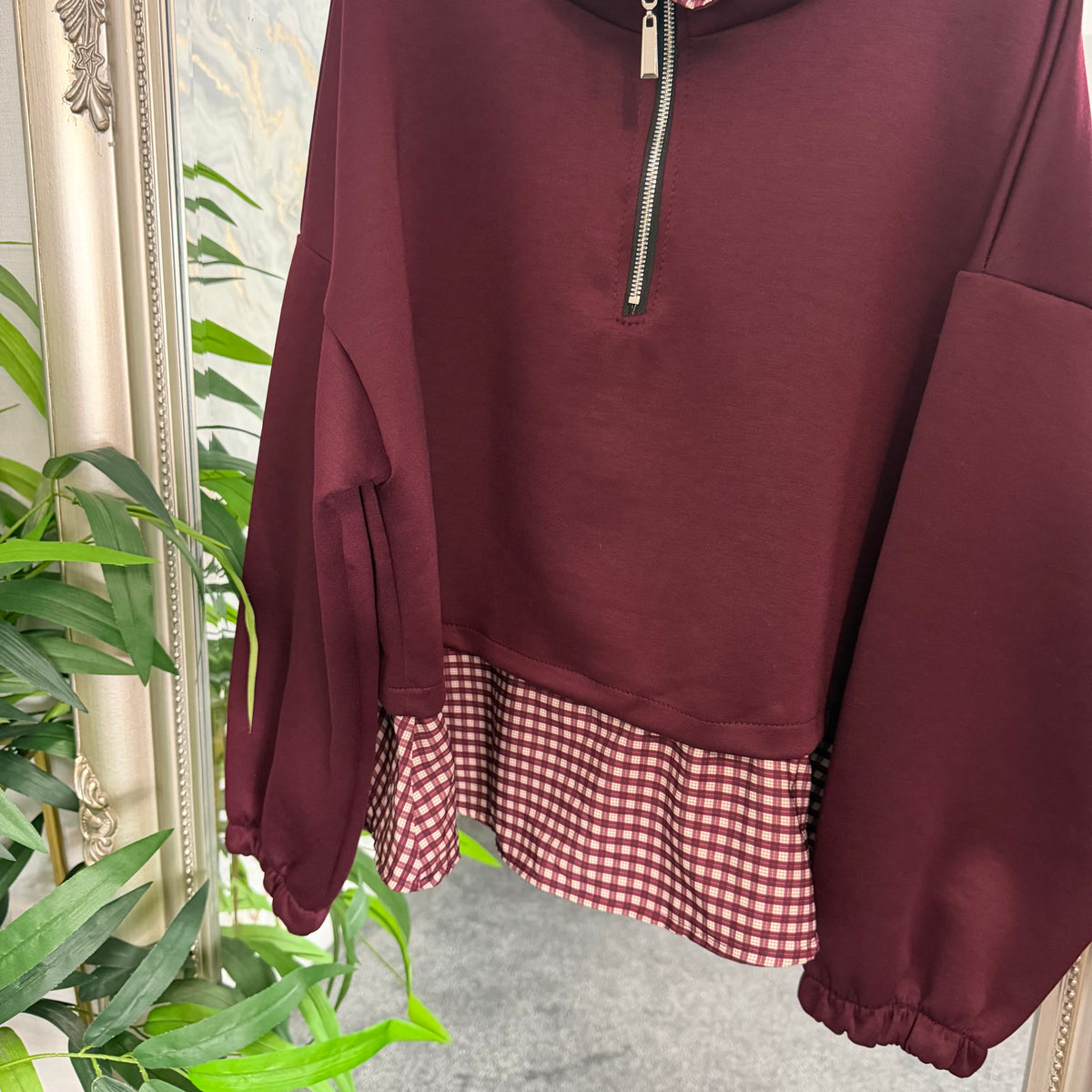 Half zip gingham frill jumper