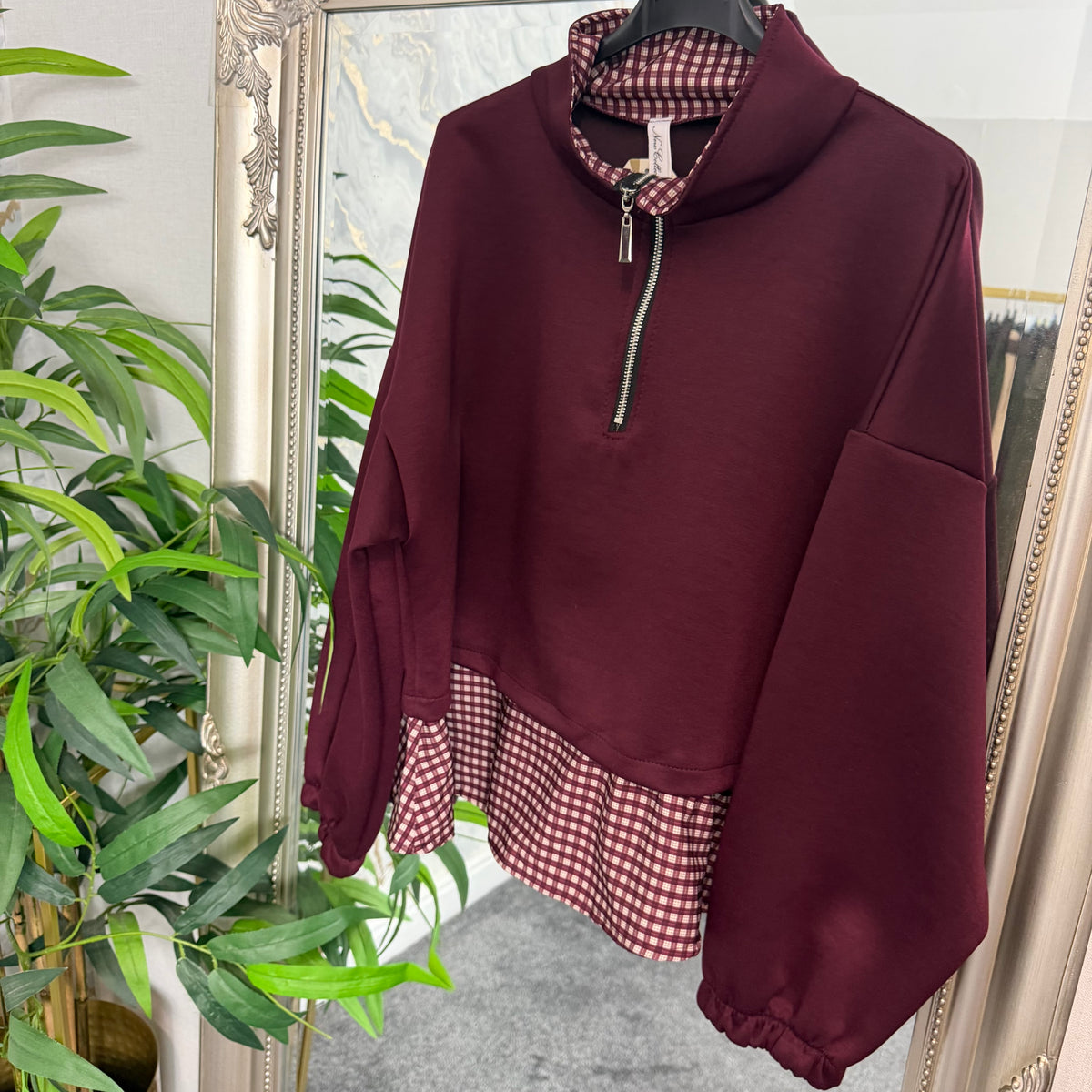 Half zip gingham frill jumper
