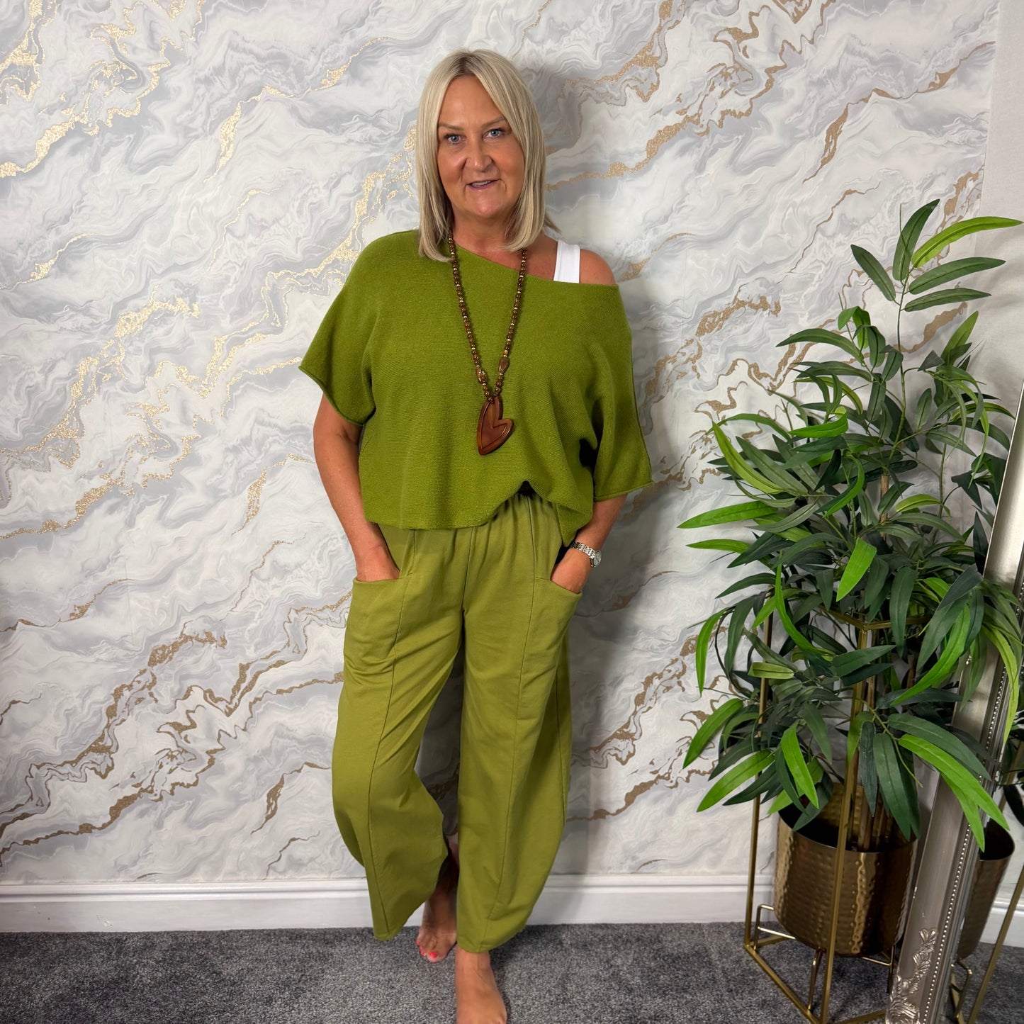 Green wide leg jersey trousers
