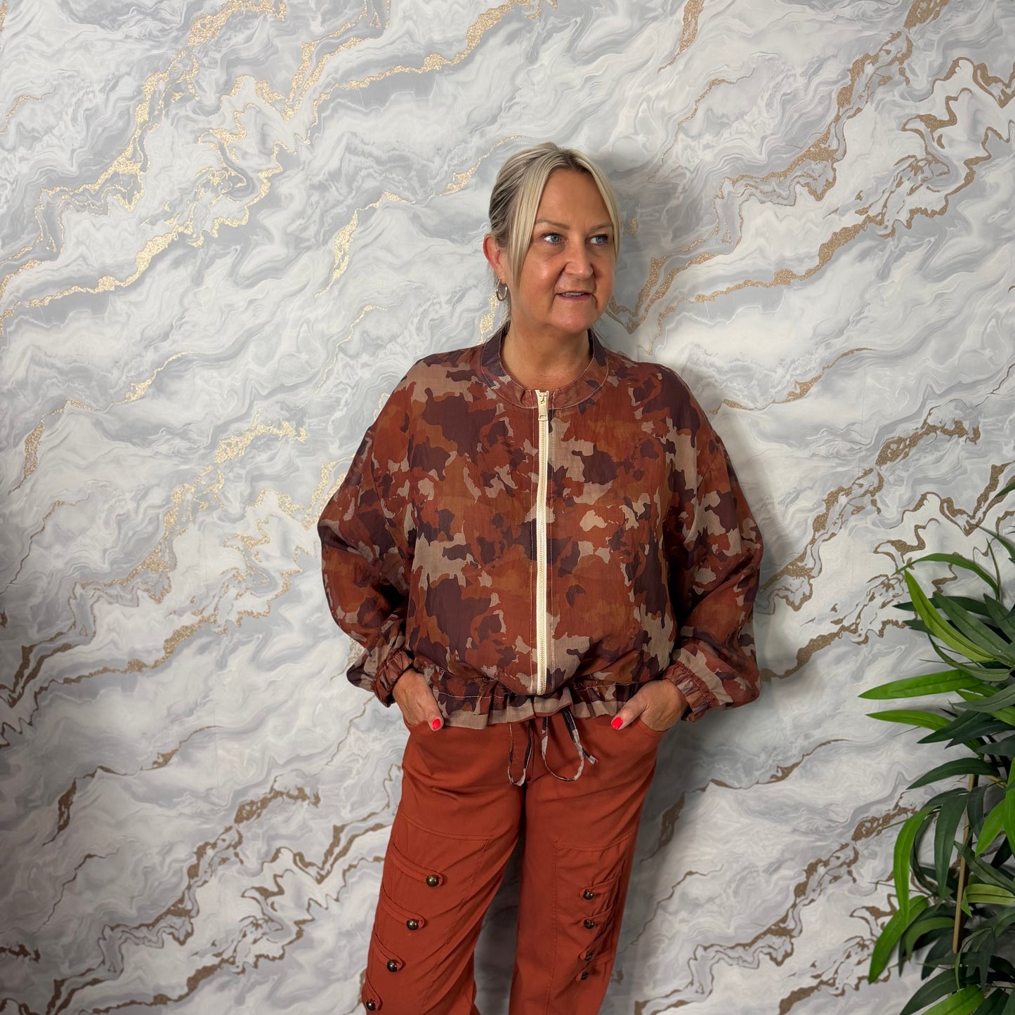 Camo chiffon zip up jackets