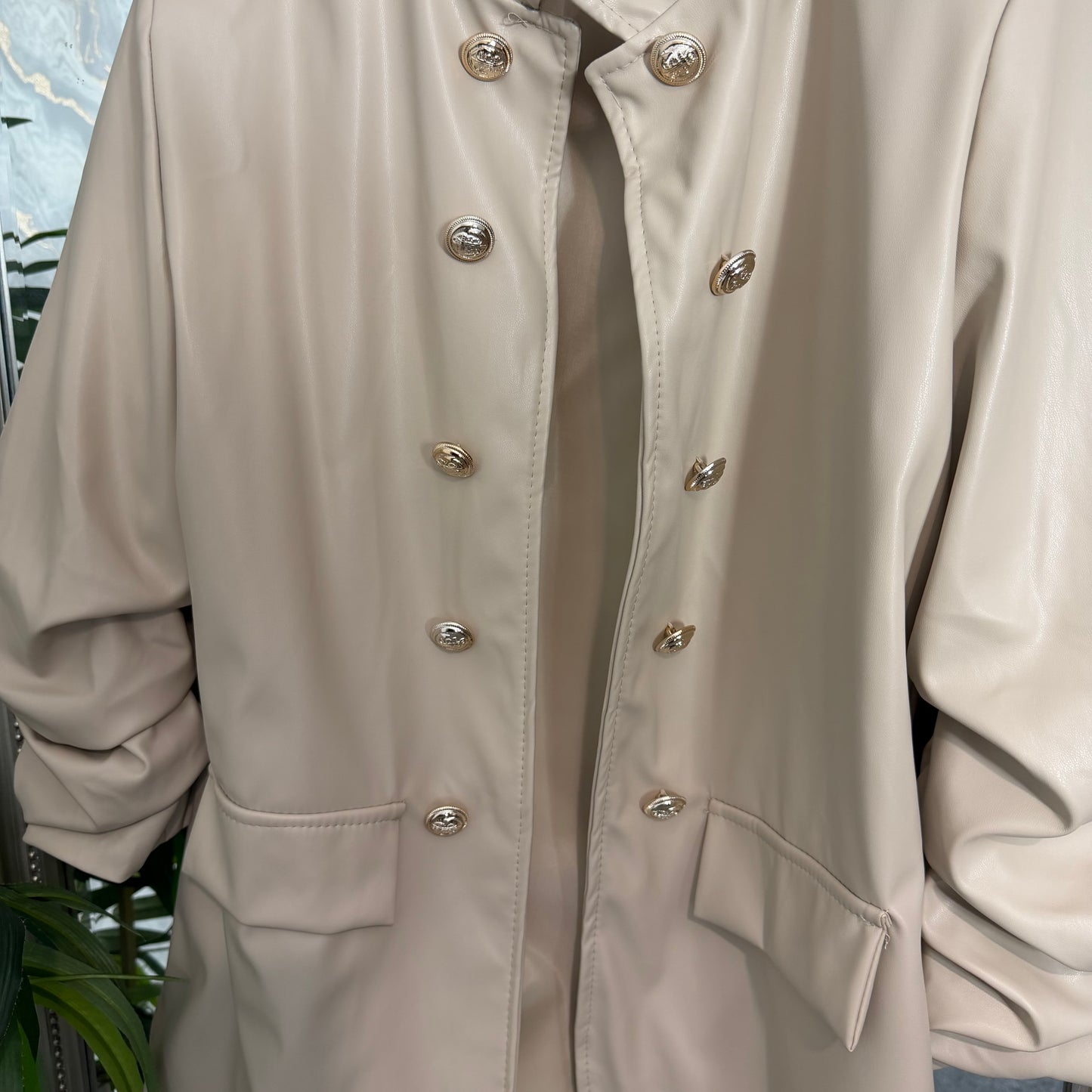 Pu ruched sleeve military blazer