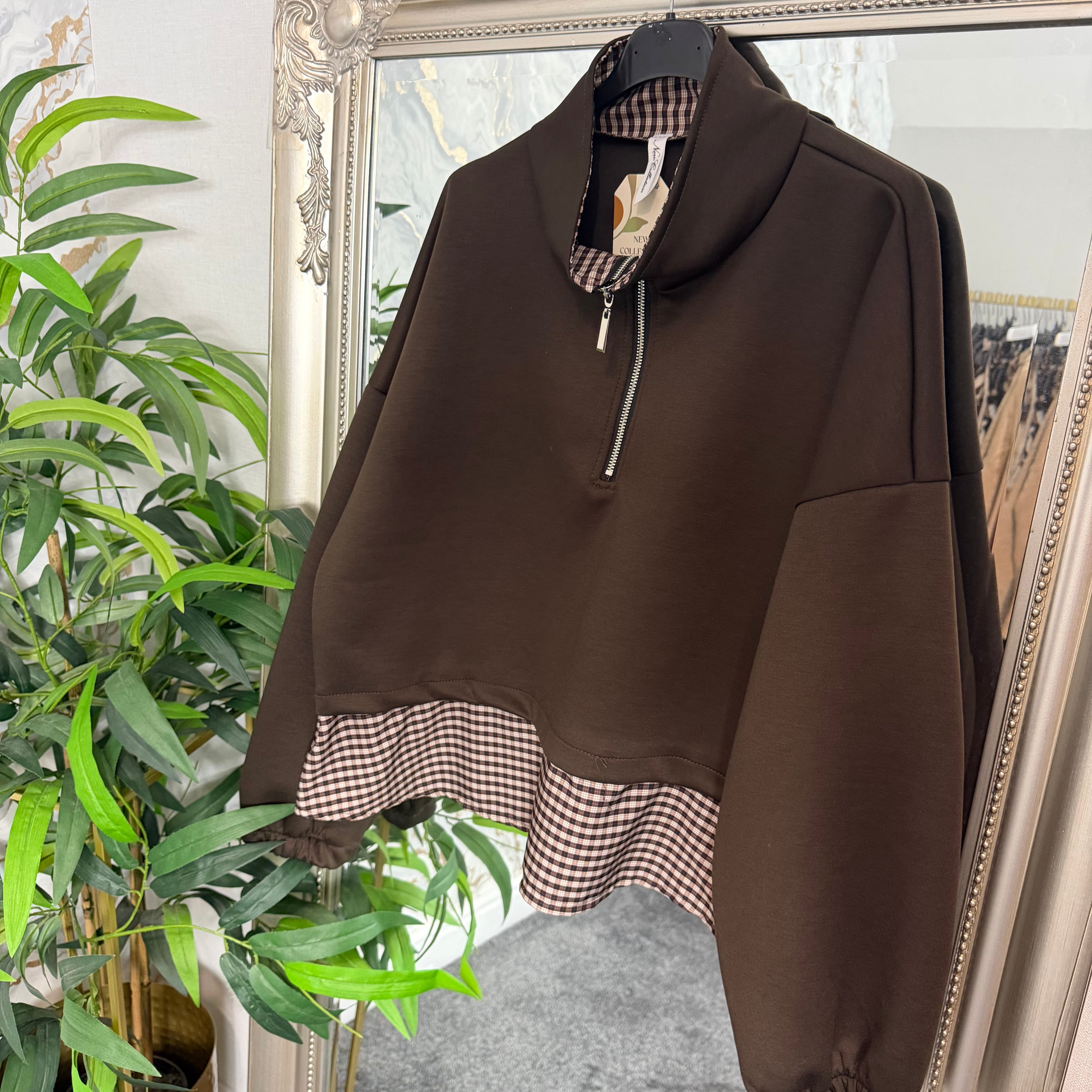 Half zip gingham frill jumper