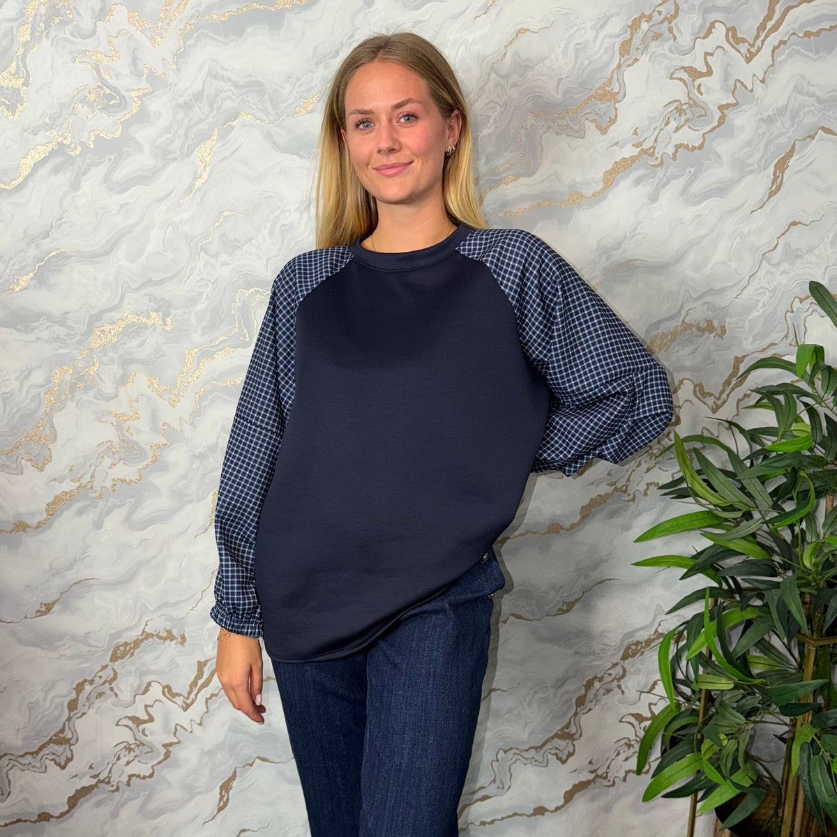 Navy Cheque Sleeve Sweatshirt