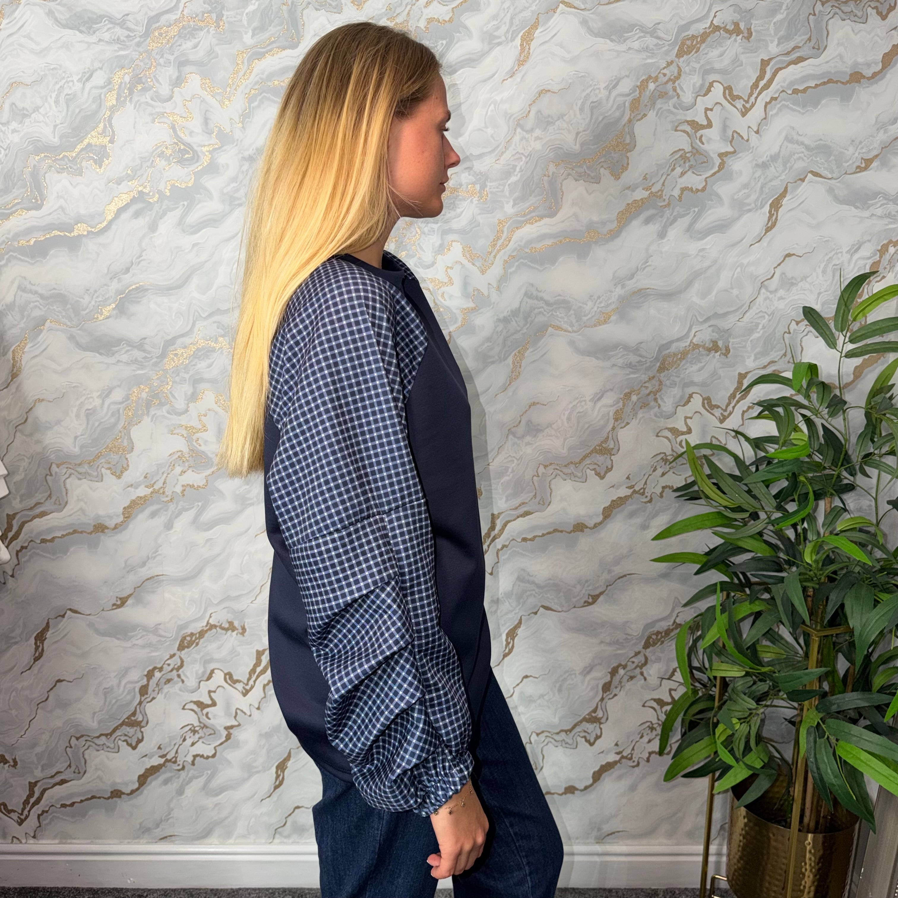 Navy Cheque Sleeve Sweatshirt