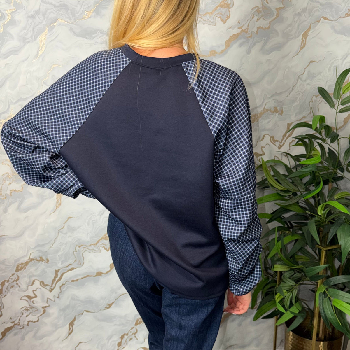 Navy Cheque Sleeve Sweatshirt